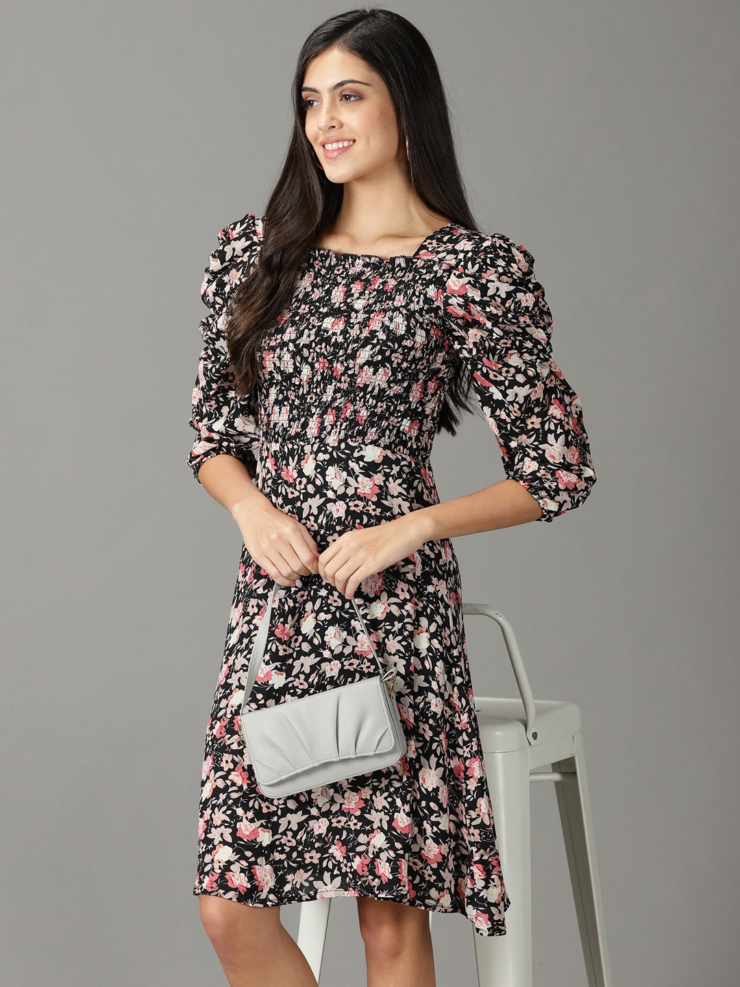 Women's Black Printed Fit and Flare Dress