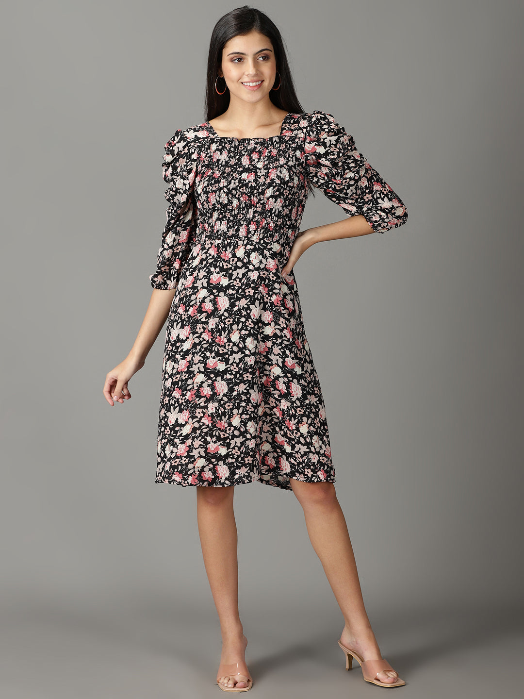 Women's Black Printed Fit and Flare Dress