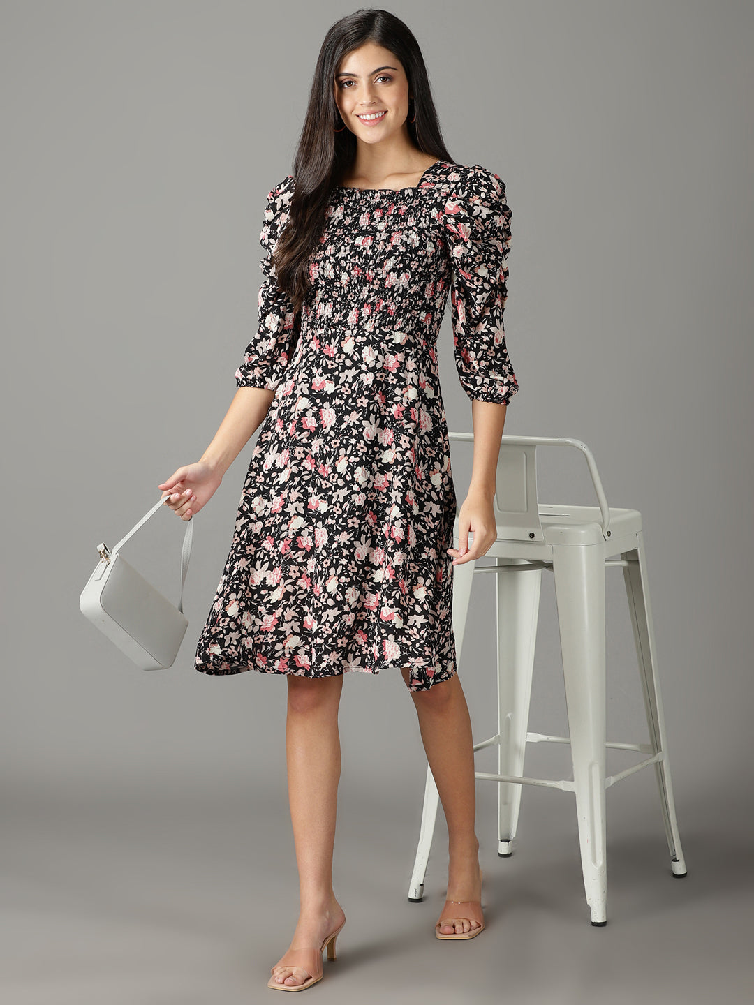 Women's Black Floral A-Line Dress