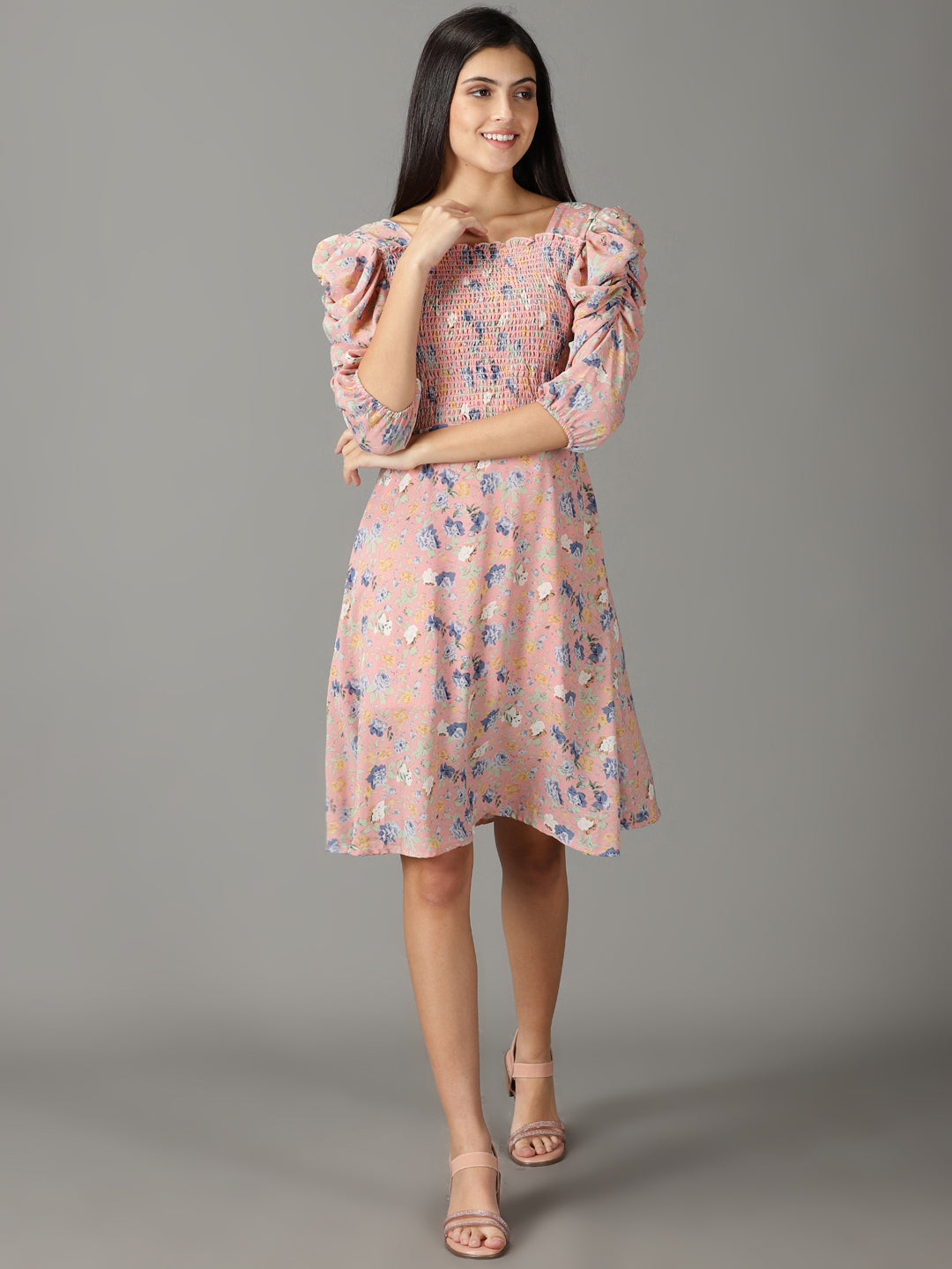 Women's Pink Printed Fit and Flare Dress