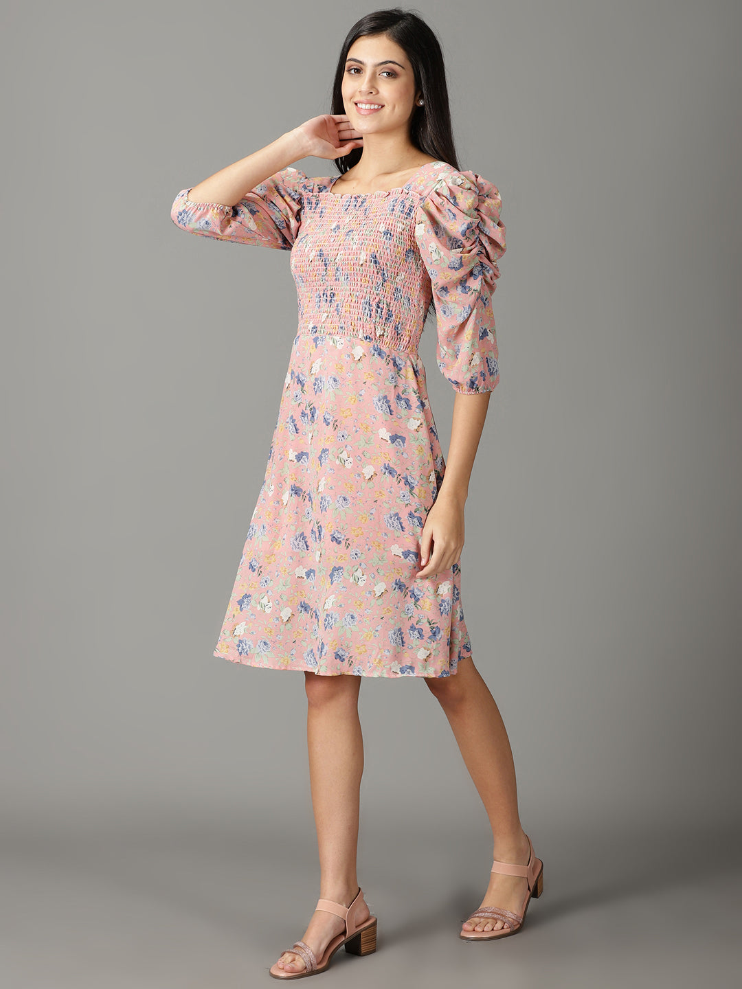 Women's Pink Printed Fit and Flare Dress