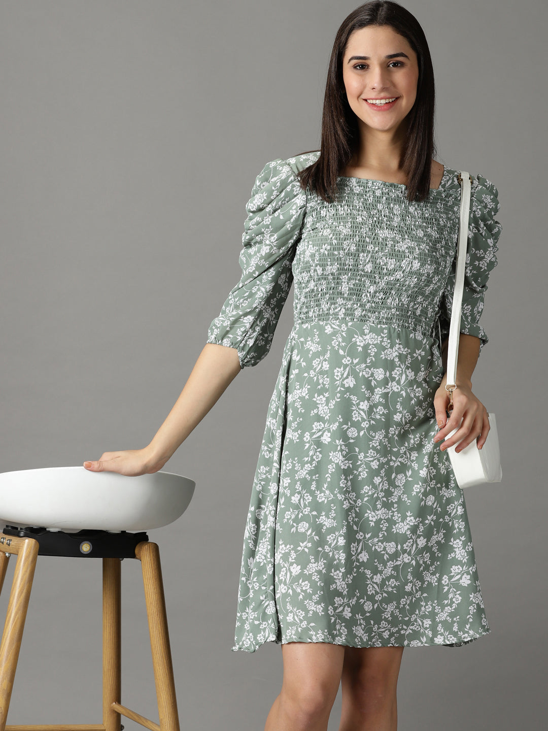 Women's Sea Green Printed Fit and Flare Dress