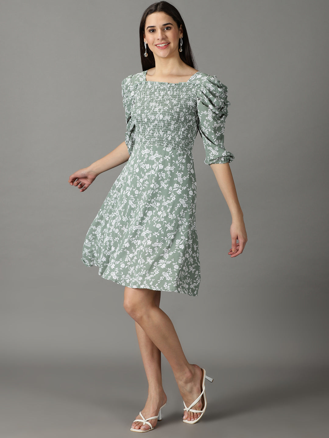 Women's Sea Green Printed Fit and Flare Dress