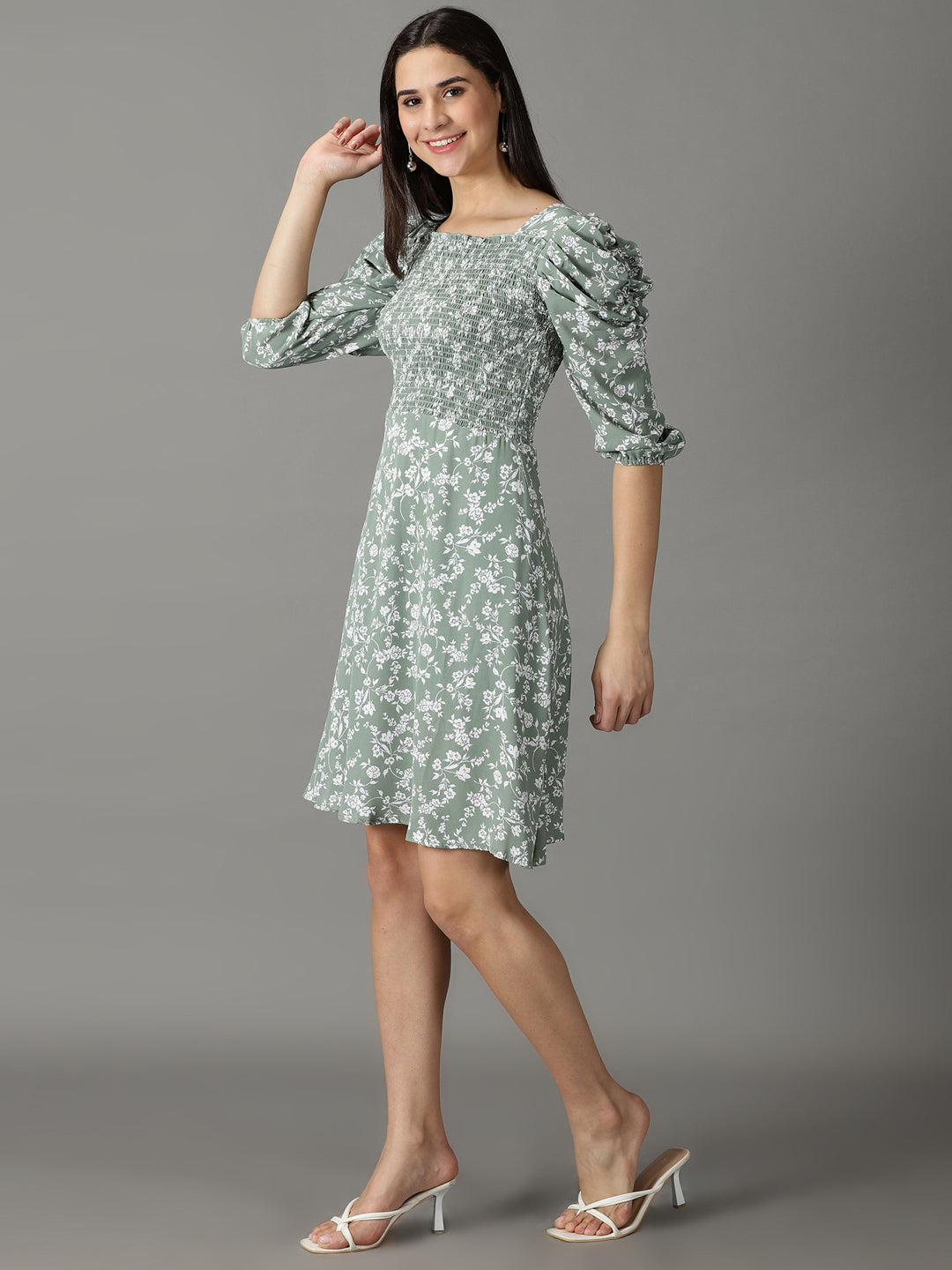 Women's Sea Green Printed Fit and Flare Dress