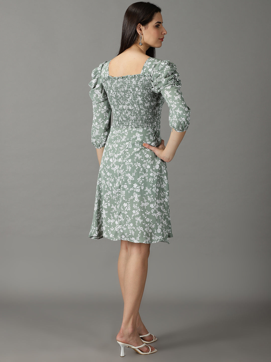 Women's Sea Green Printed Fit and Flare Dress