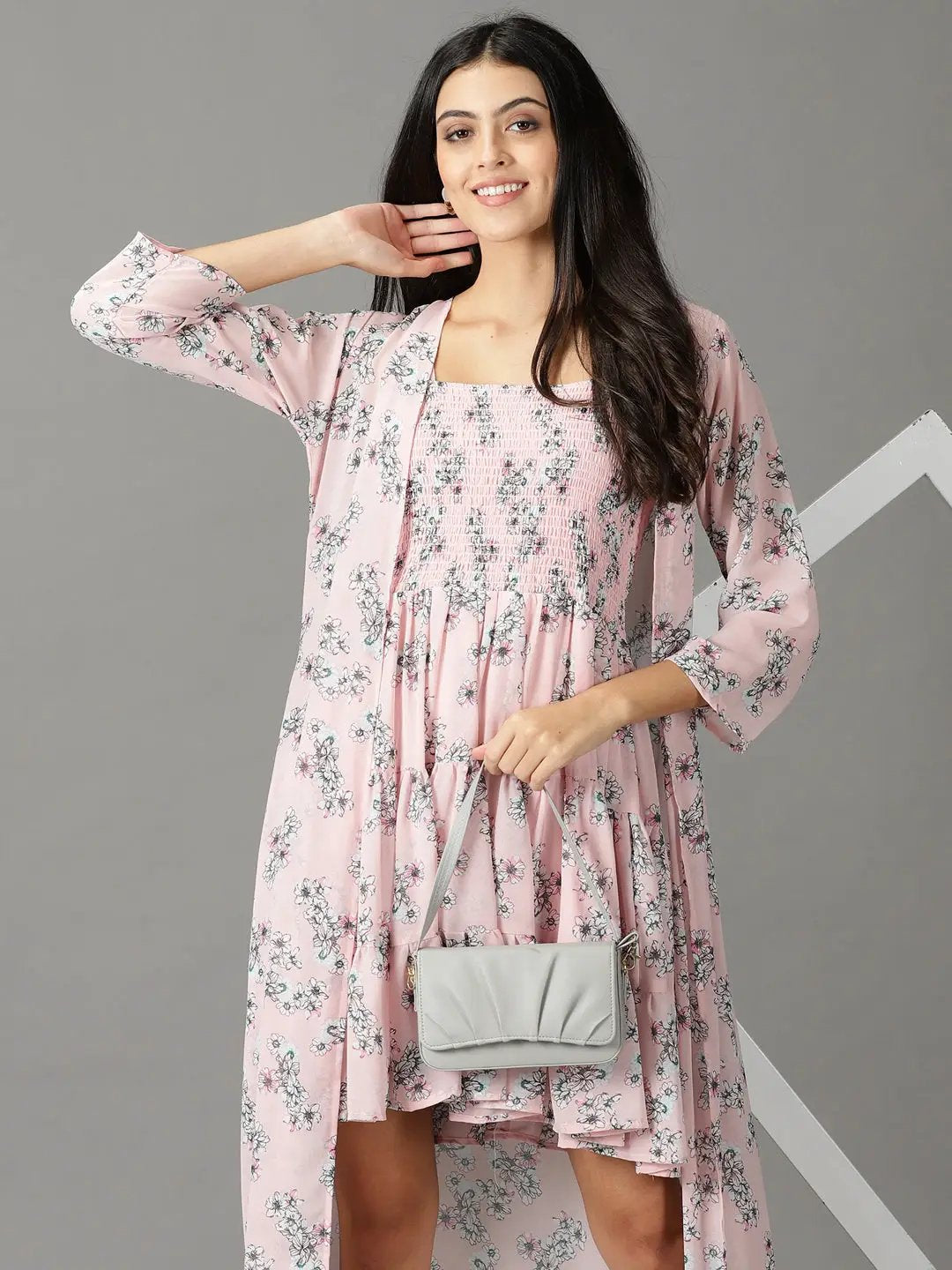 Shop Women's Pink Floral Printed Fit & Flare Dress With Jacket| Showoffff Shop Women's Pink Floral Printed Fit & Flare Dress With Jacket| Showoffff