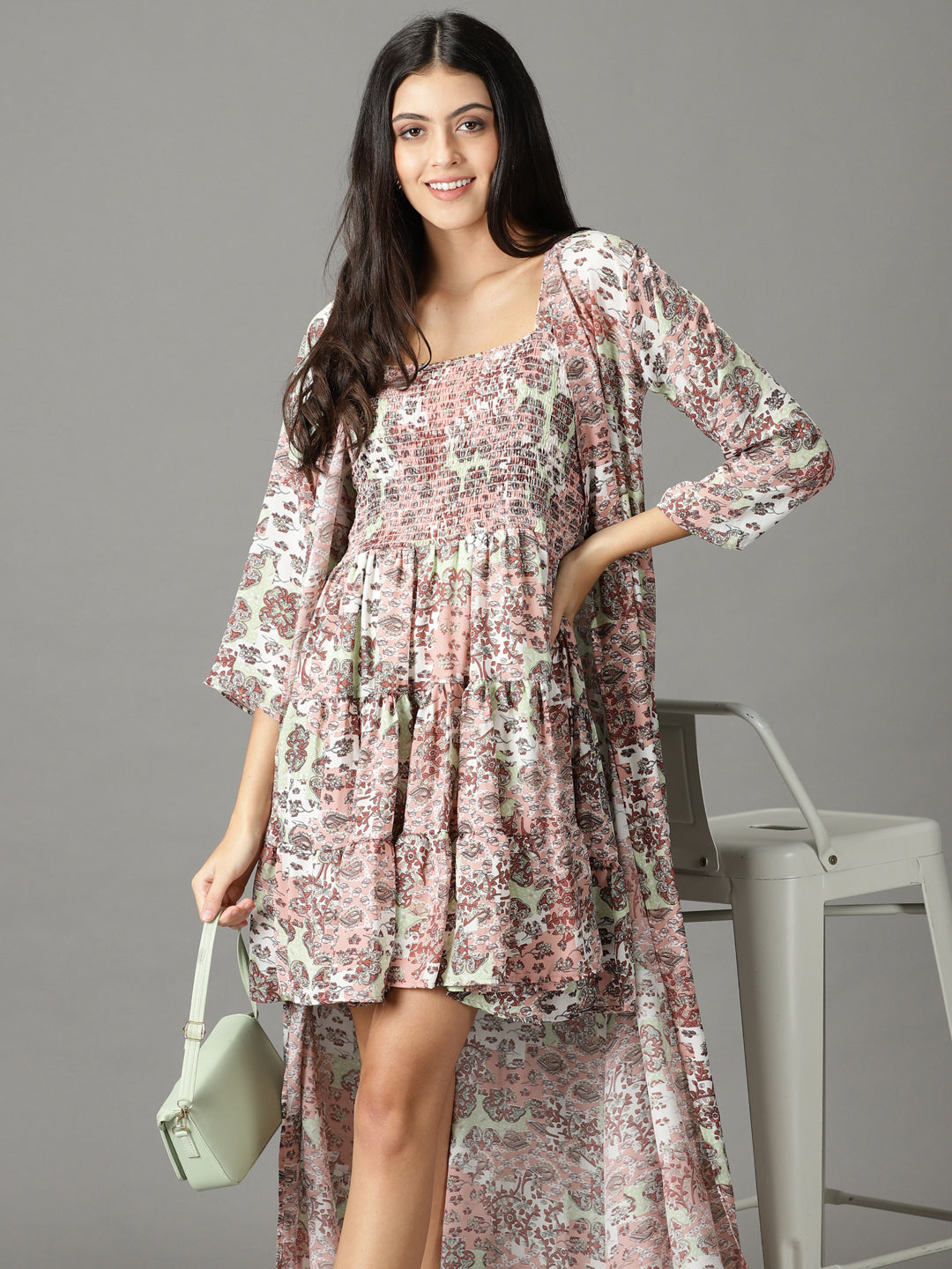 Women's Peach Printed Fit and Flare Dress