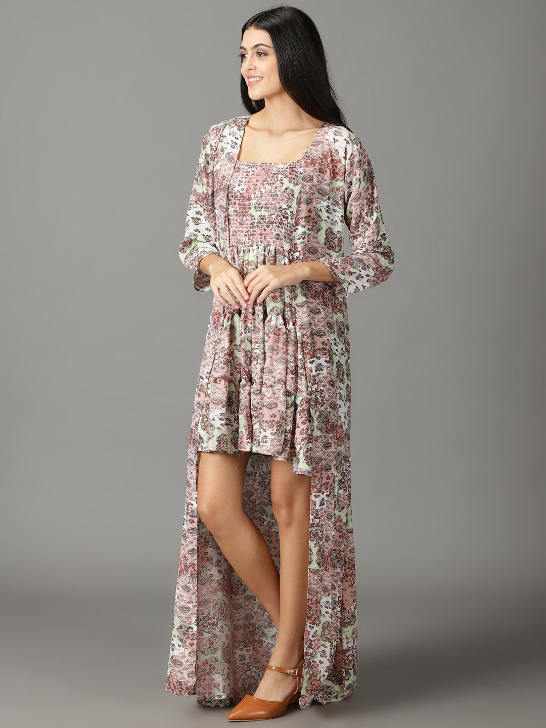 Women's Peach Printed Fit and Flare Dress