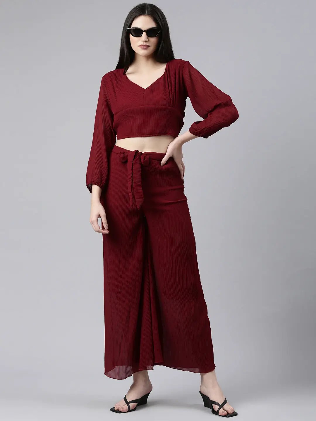 Women's Burgundy Solid Co-Ords
