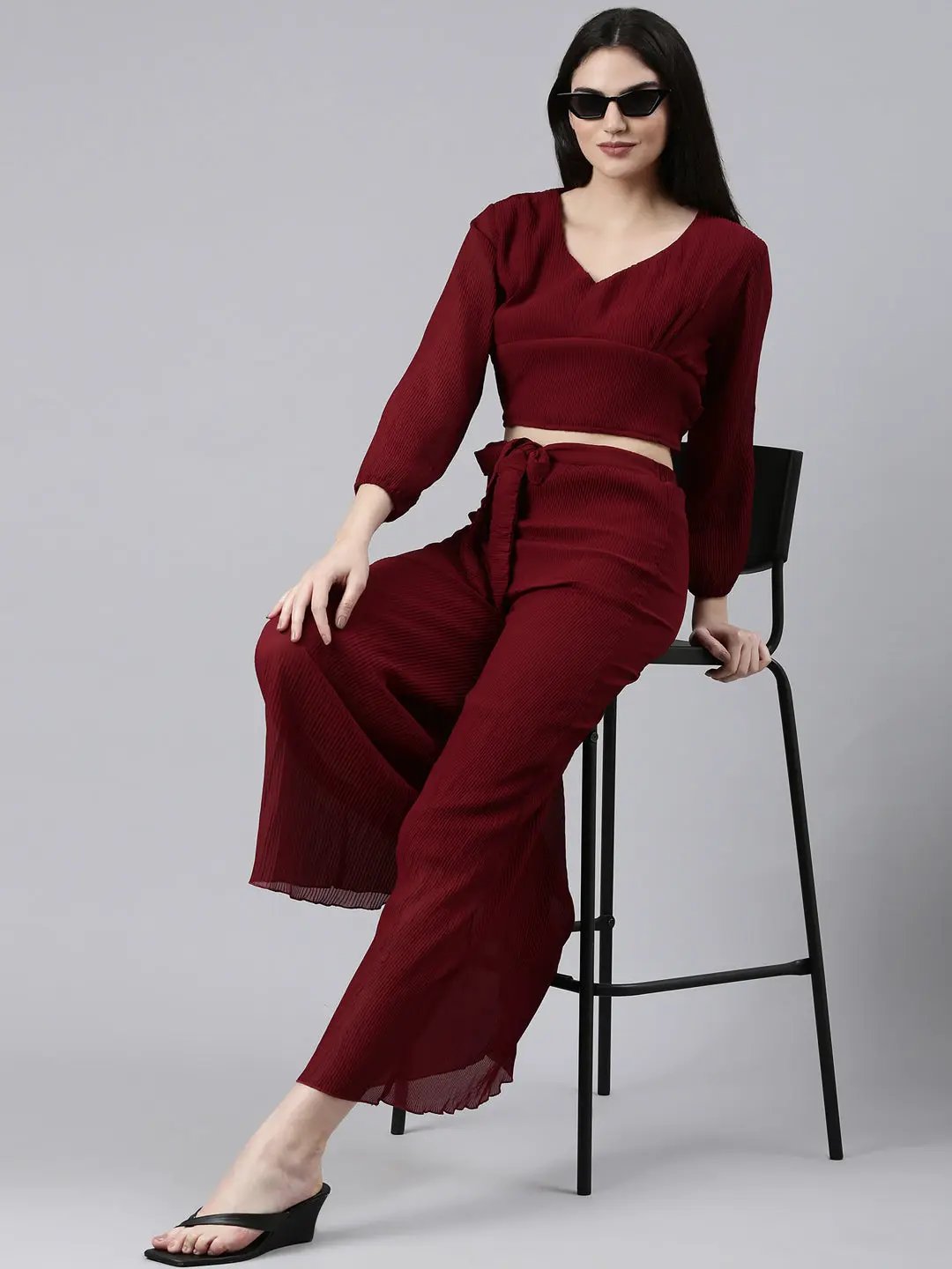 Women's Burgundy Solid Co-Ords