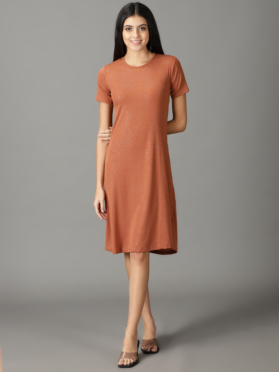 Women's Rust Embellished A-Line Dress