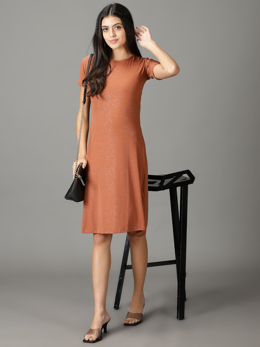 Women's Rust Embellished A-Line Dress