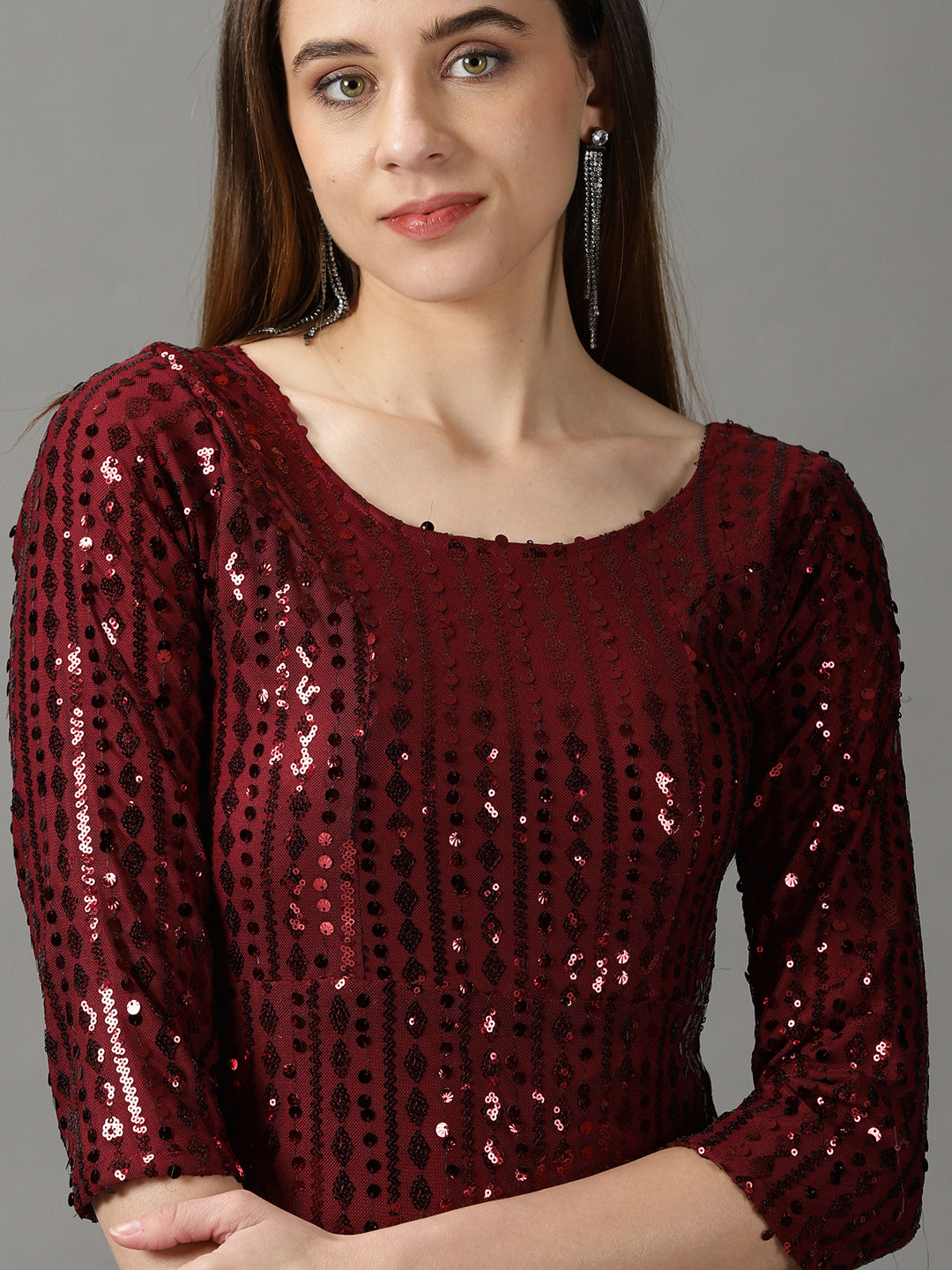 Women's Maroon Embellished Bodycon Dress