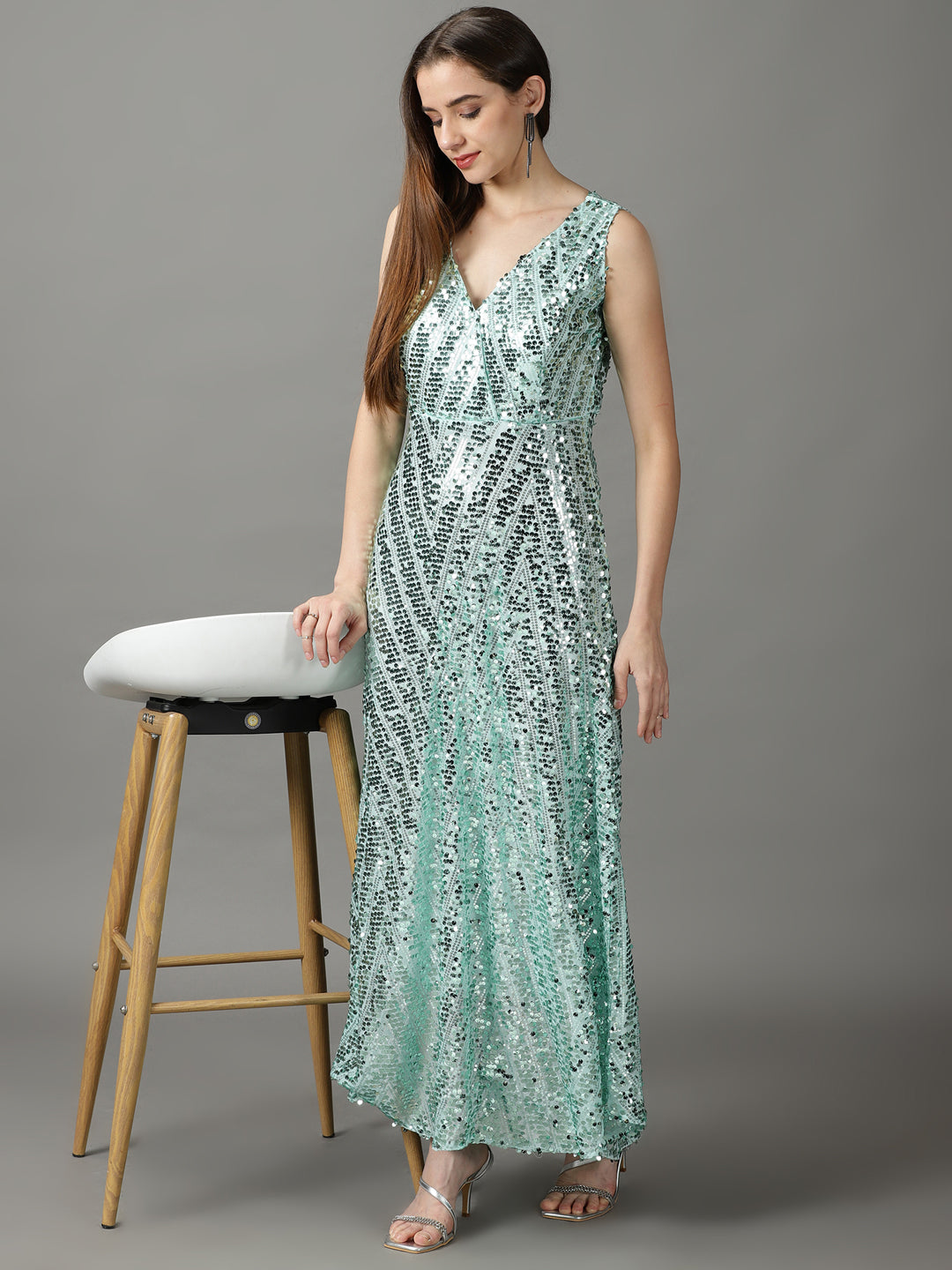 Women's Sea Green Embellished Fit and Flare Dress