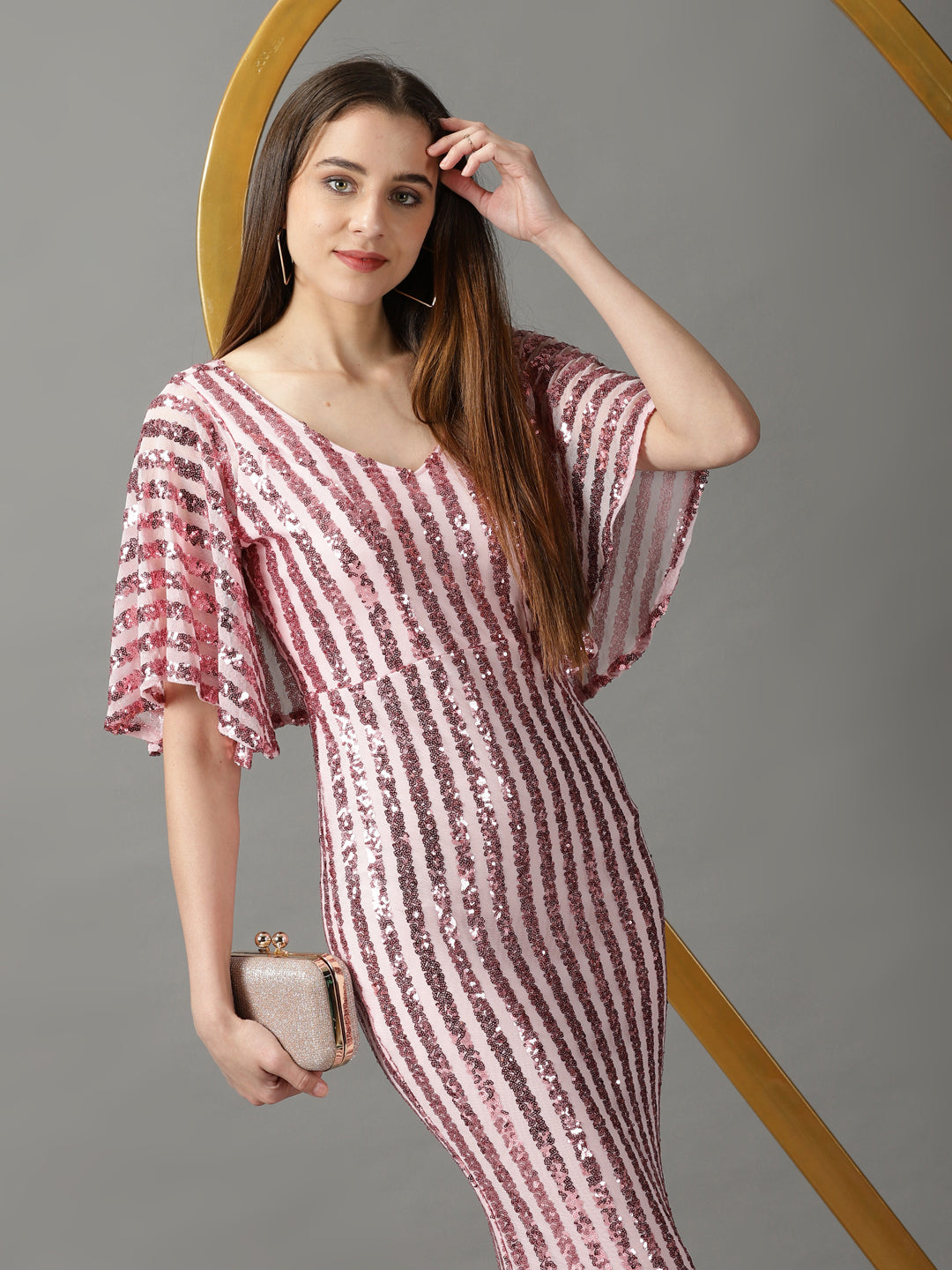 Women's Pink Striped Mermaid Sequin Net Sheath Dress