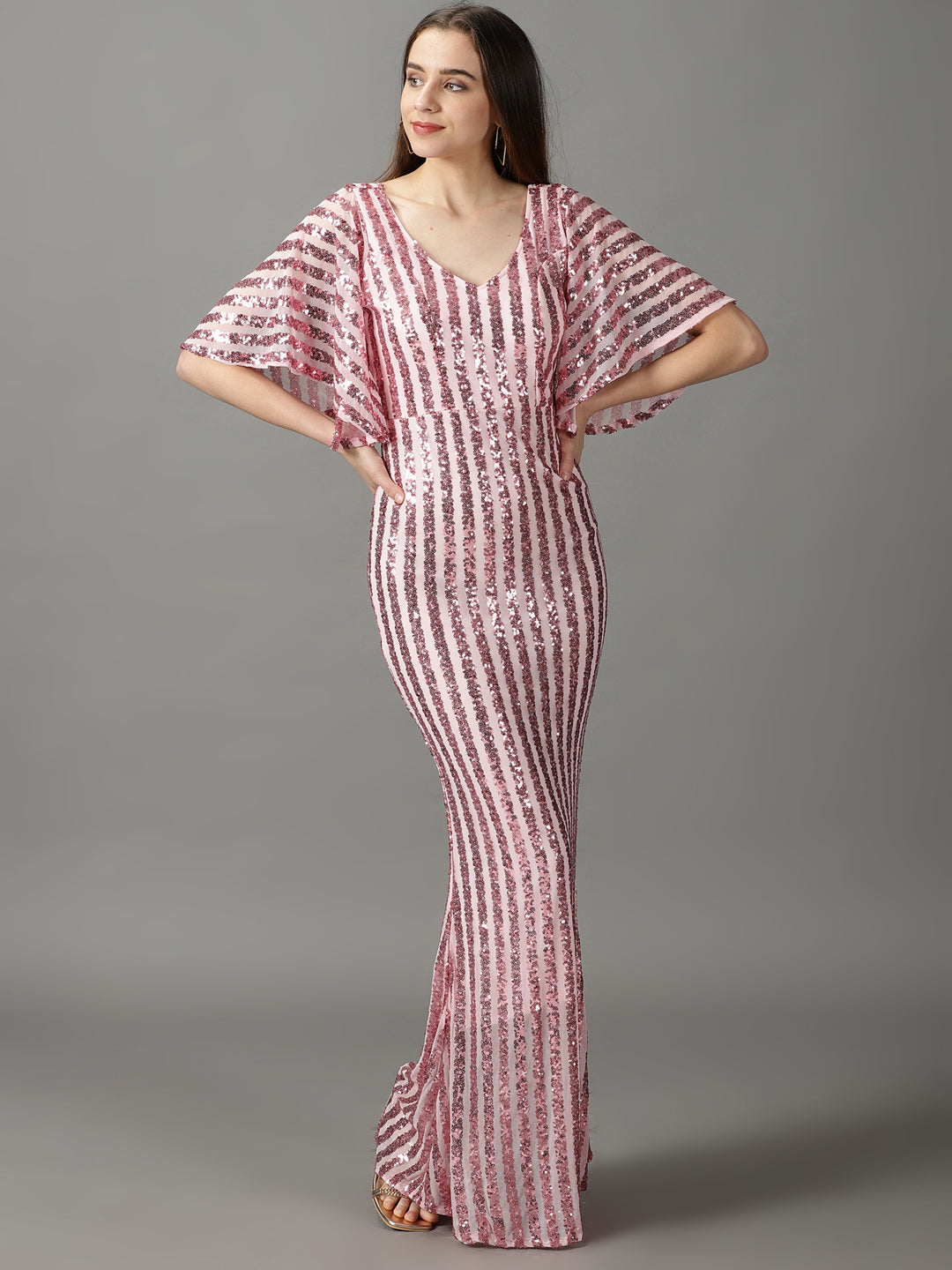 Women's Pink Striped Mermaid Sequin Net Sheath Dress