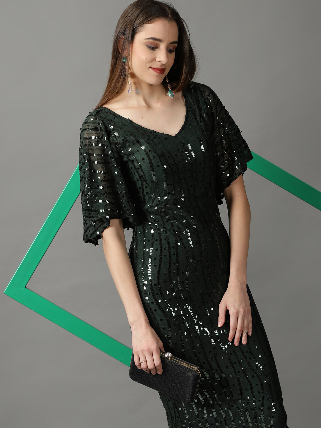 Women's Green Embellished Bodycon Dress