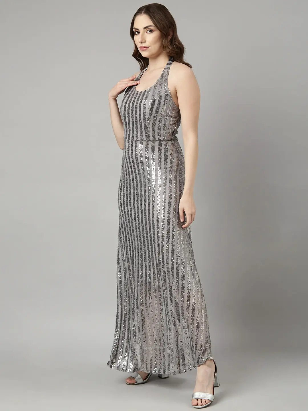 Women's Grey Embellished Maxi Dress