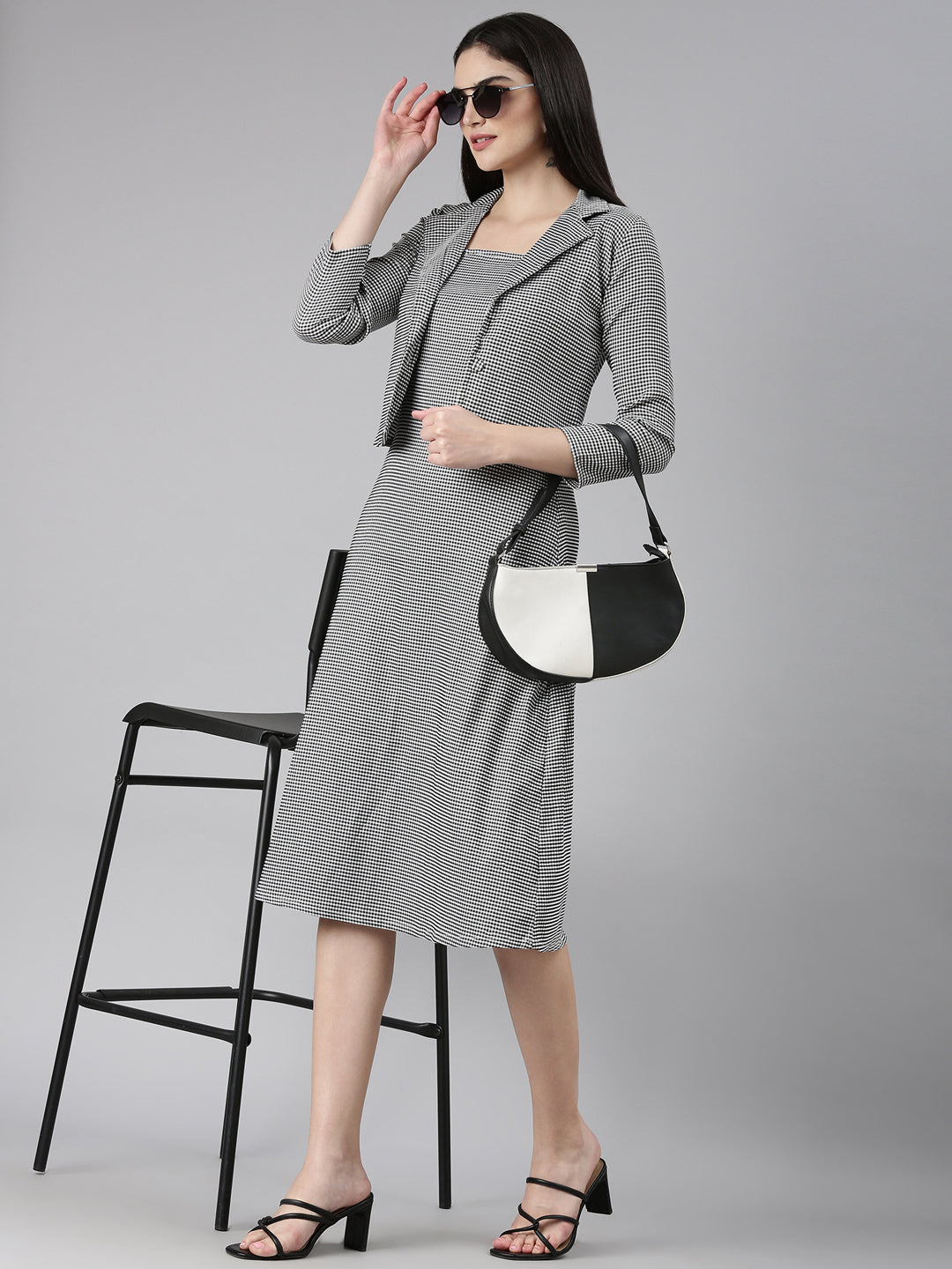 Women's Black Checked A-Line Dress