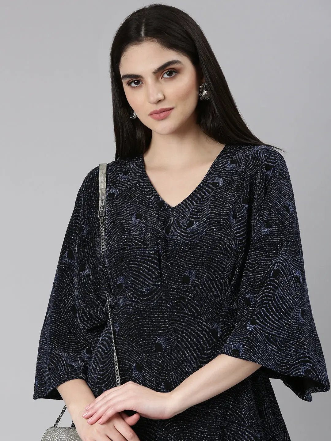 Shop Women's Blue Embellished Flared Sleeves A-Line Mini Dress| Showoffff Shop Women's Blue Embellished Flared Sleeves A-Line Mini Dress| Showoffff
