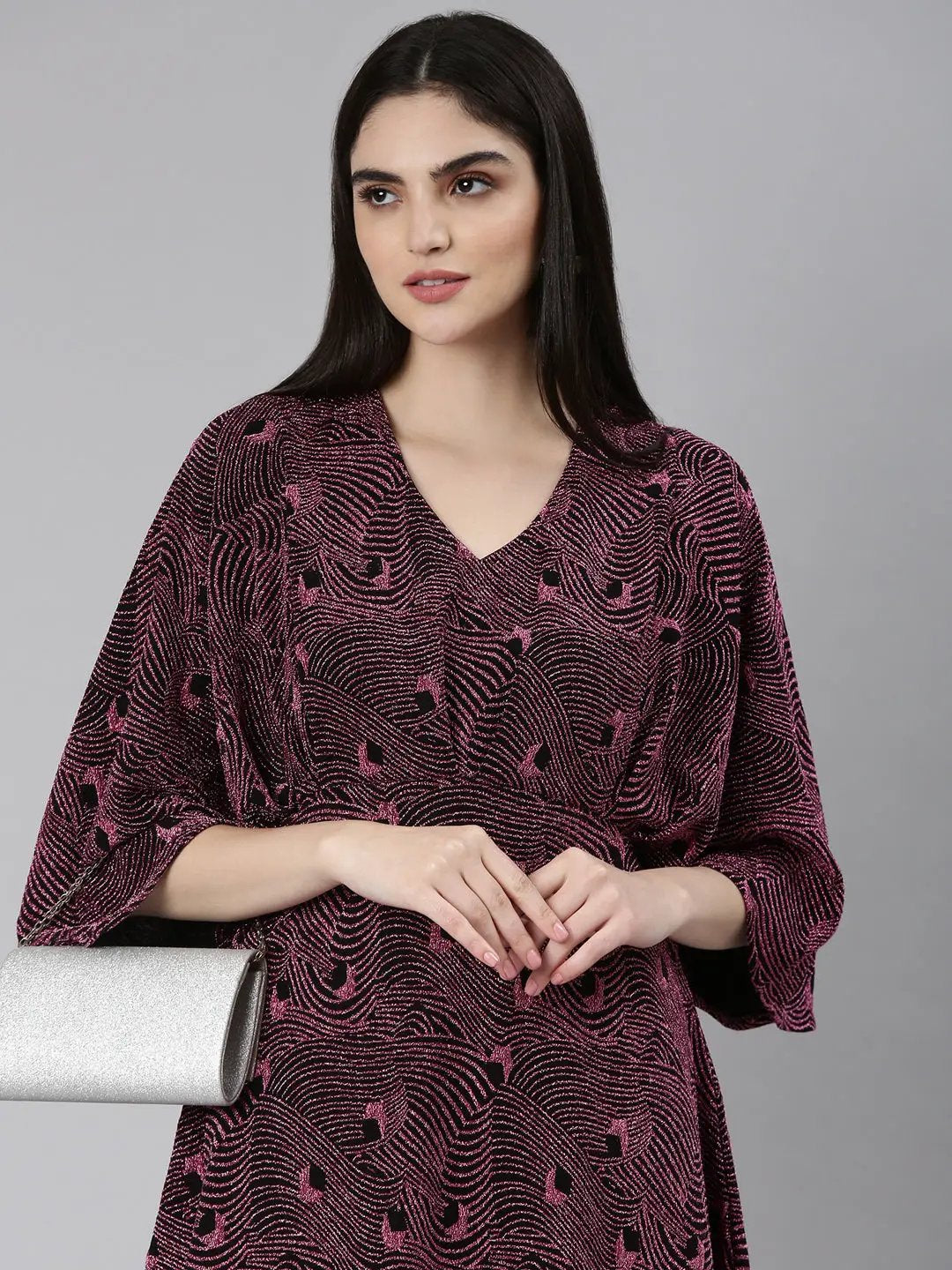 Shop Women's Pink Self Design Flared Sleeve Fit and Flare Dress| Showoffff Shop Women's Pink Self Design Flared Sleeve Fit and Flare Dress| Showoffff