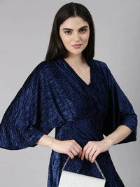 Women's Navy Blue Flared Sleeve Velvet Mini Fit and Flare Dress