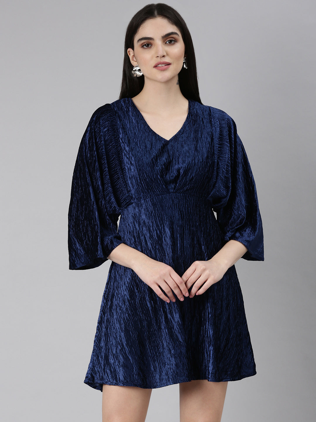 Women Navy Blue Solid Fit and Flare Dress