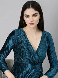 Women's Teal V-Neck Puff Sleeve Velvet Dress