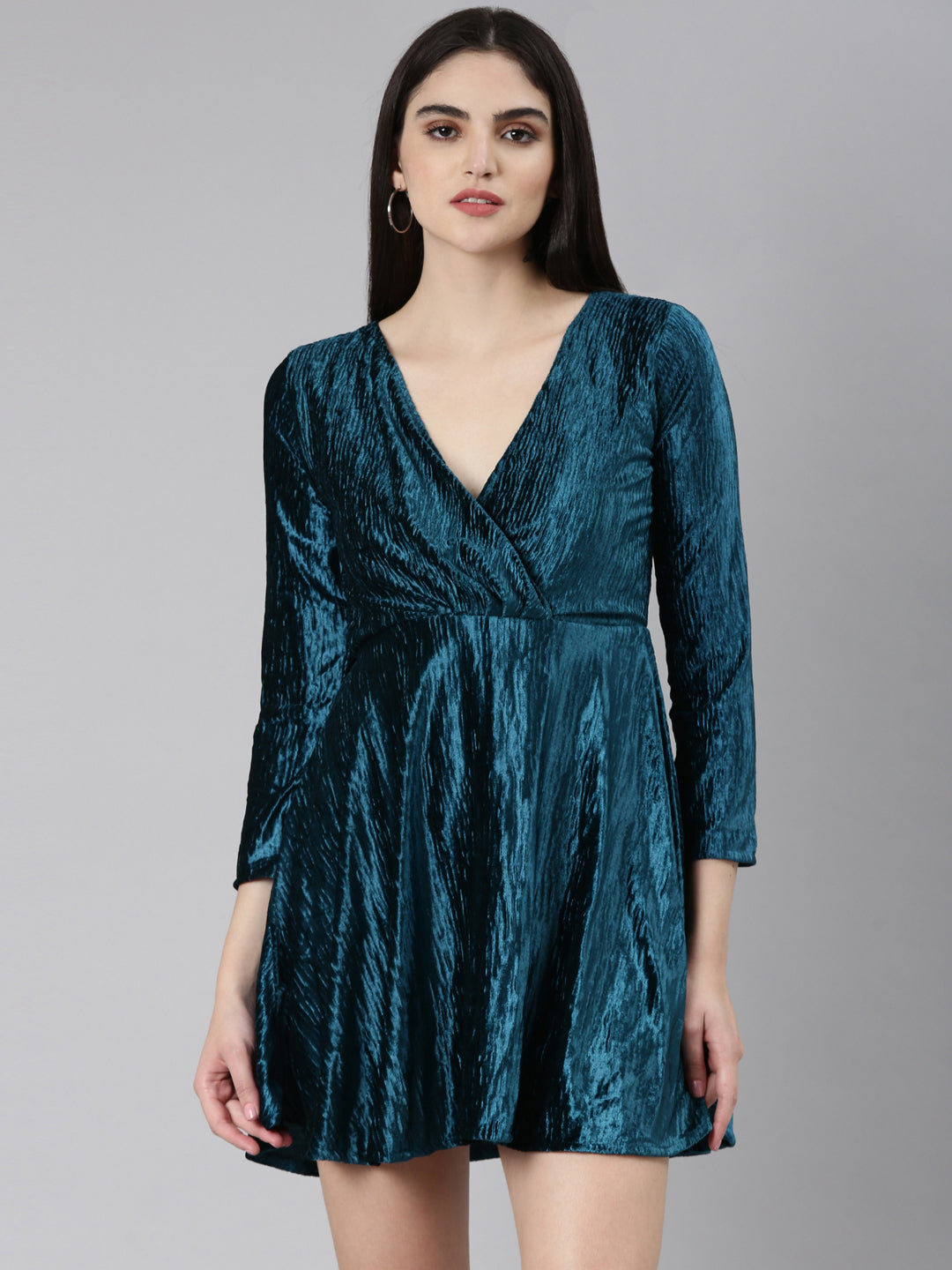 Women Teal Solid Fit and Flare Dress