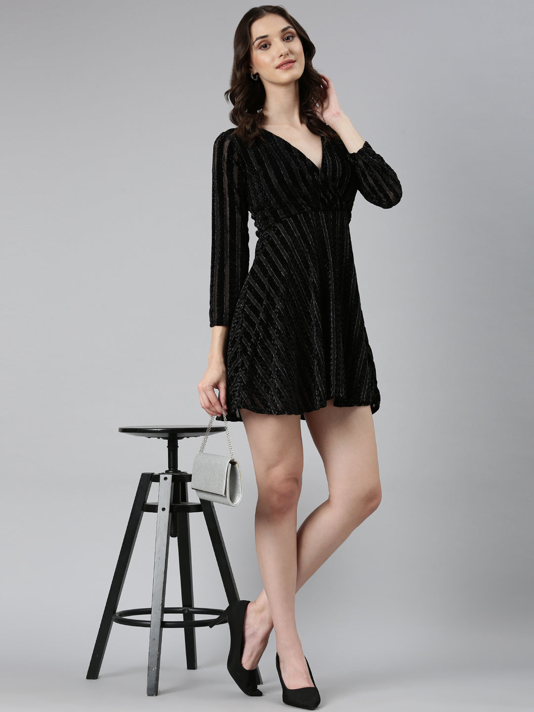 Women Black Solid Wrap Dress