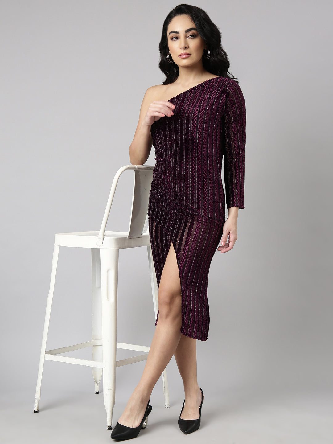 Women Purple Striped Wrap Dress