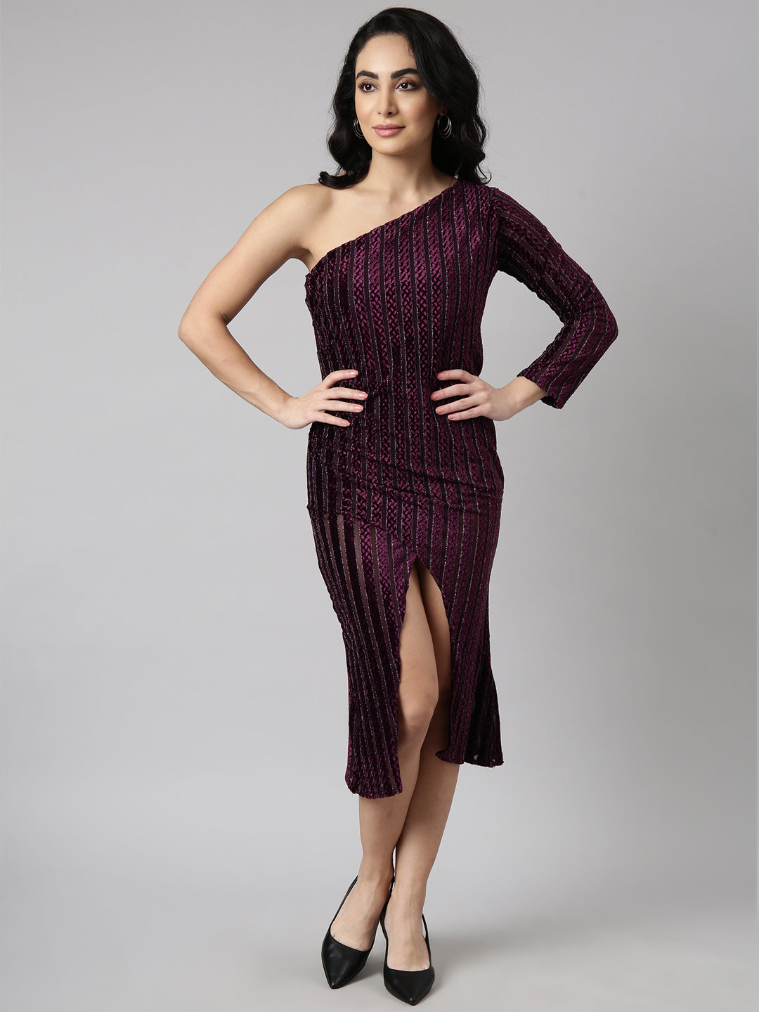 Women Purple Striped Wrap Dress