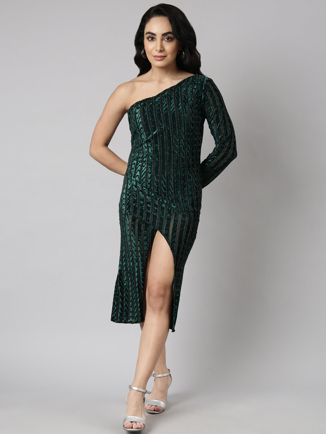 Women Green Striped Wrap Dress