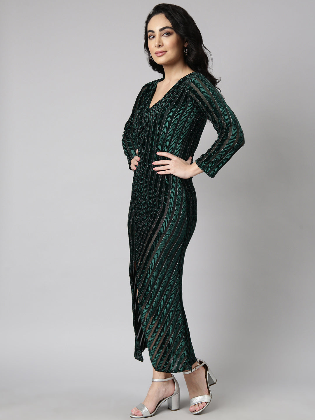 Women Green Striped Wrap Dress