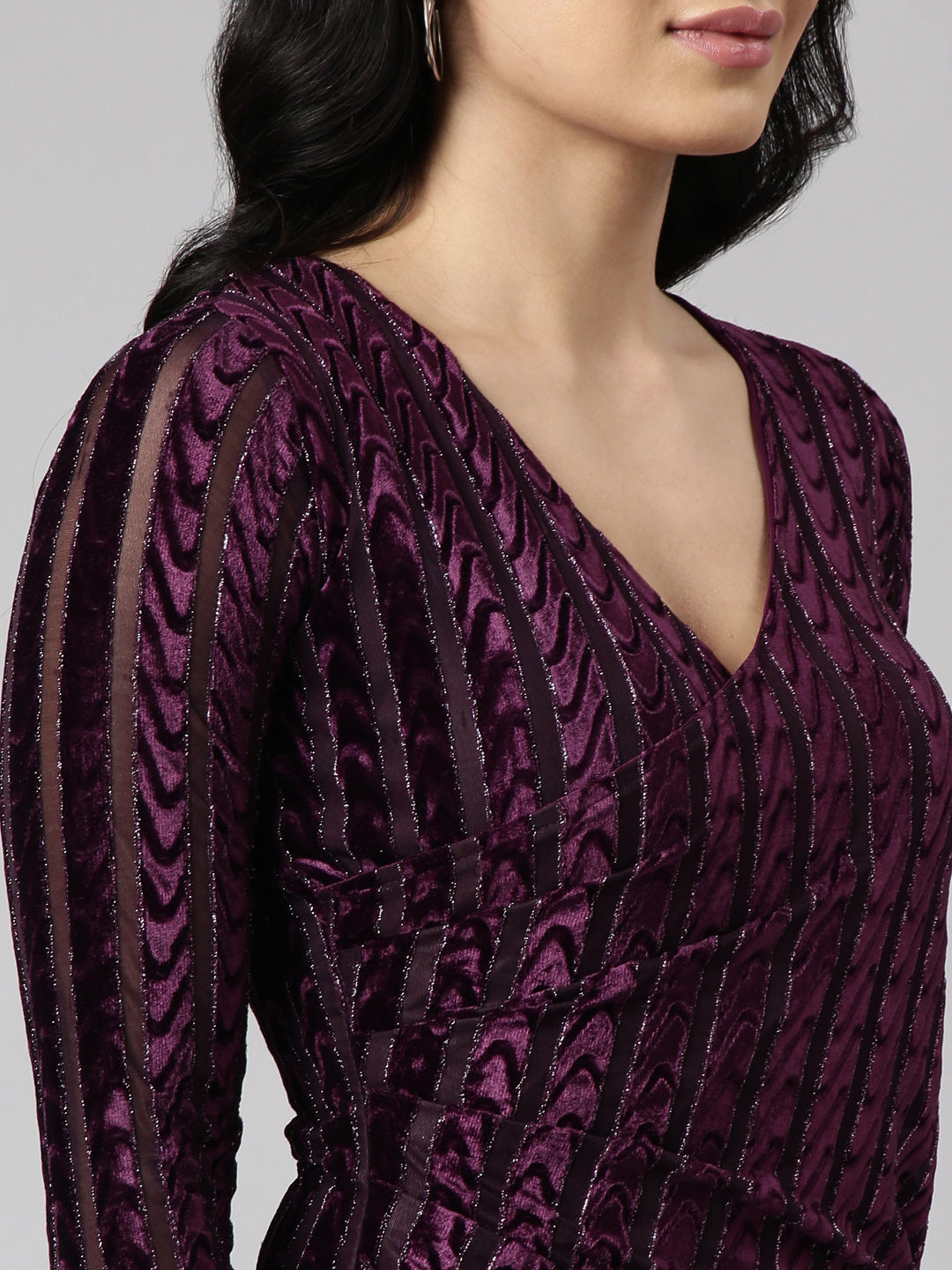 Women Purple Striped Wrap Dress