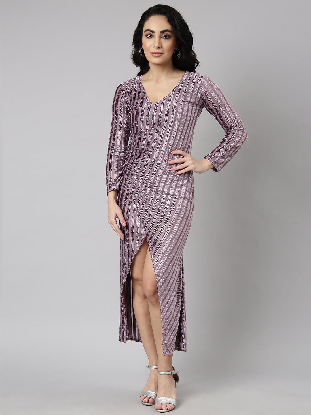 Women Lavender Striped Wrap Dress