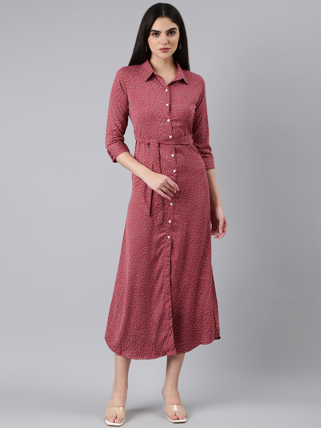 Women Mauve Polka Dots Shirt Dress