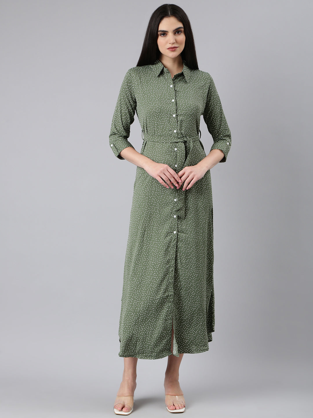 Women Olive Polka Dots Shirt Dress