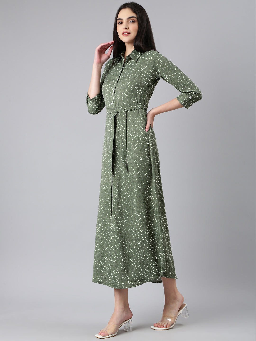 Women Olive Polka Dots Shirt Dress