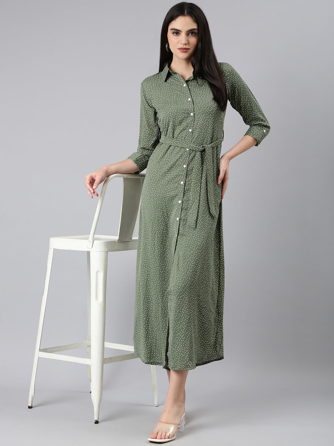 Women Olive Polka Dots Shirt Dress