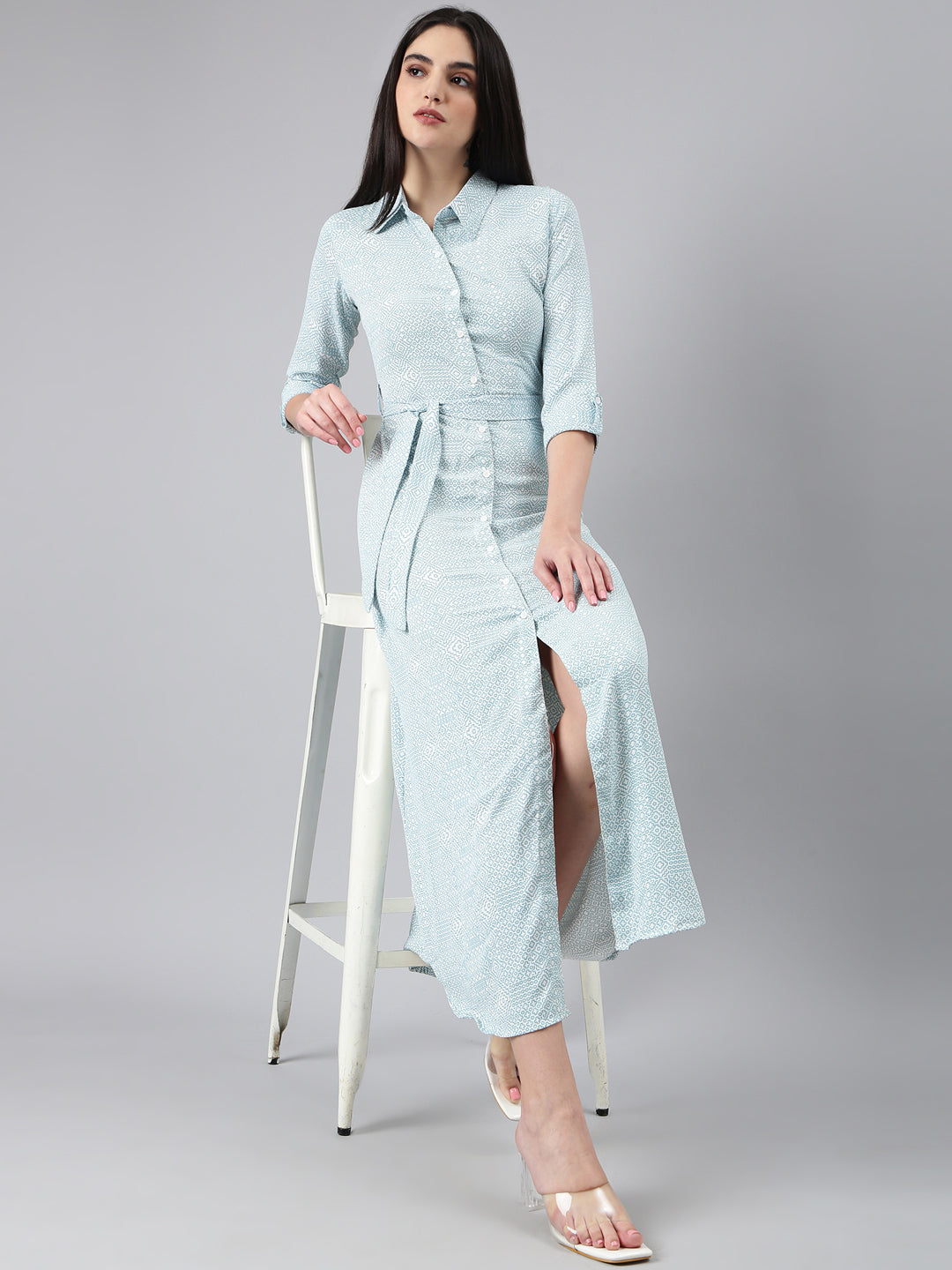 Women White Geometrical Shirt Dress