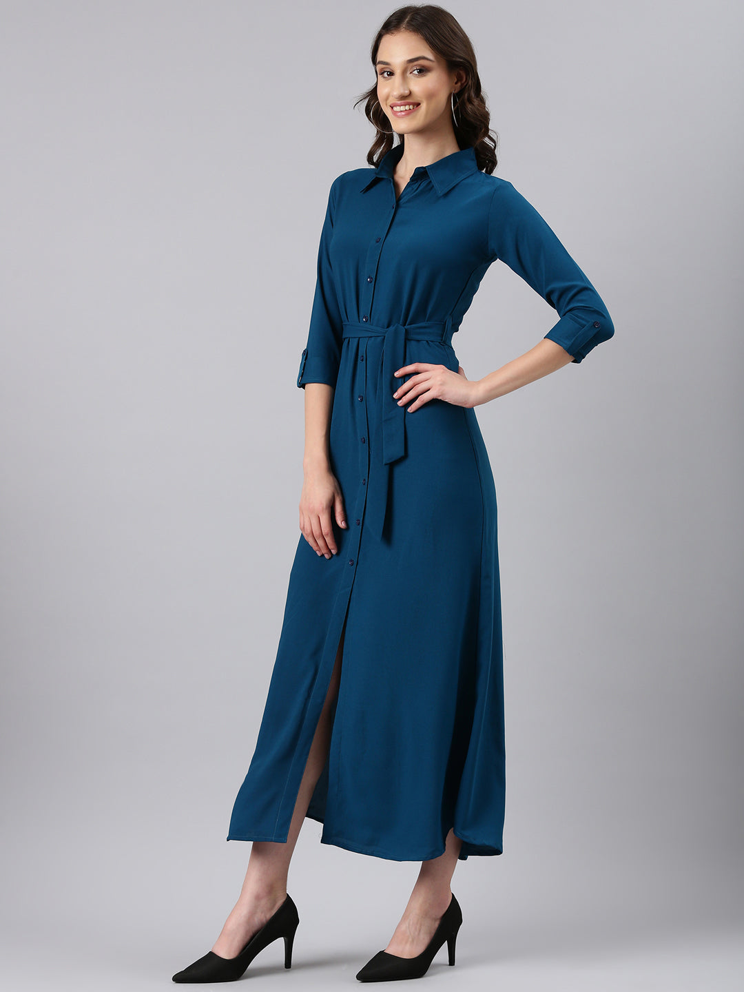 Women Teal Solid Shirt Dress