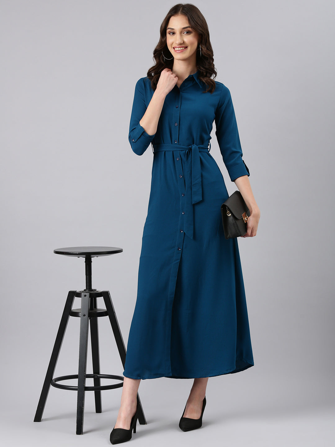 Women Teal Solid Shirt Dress