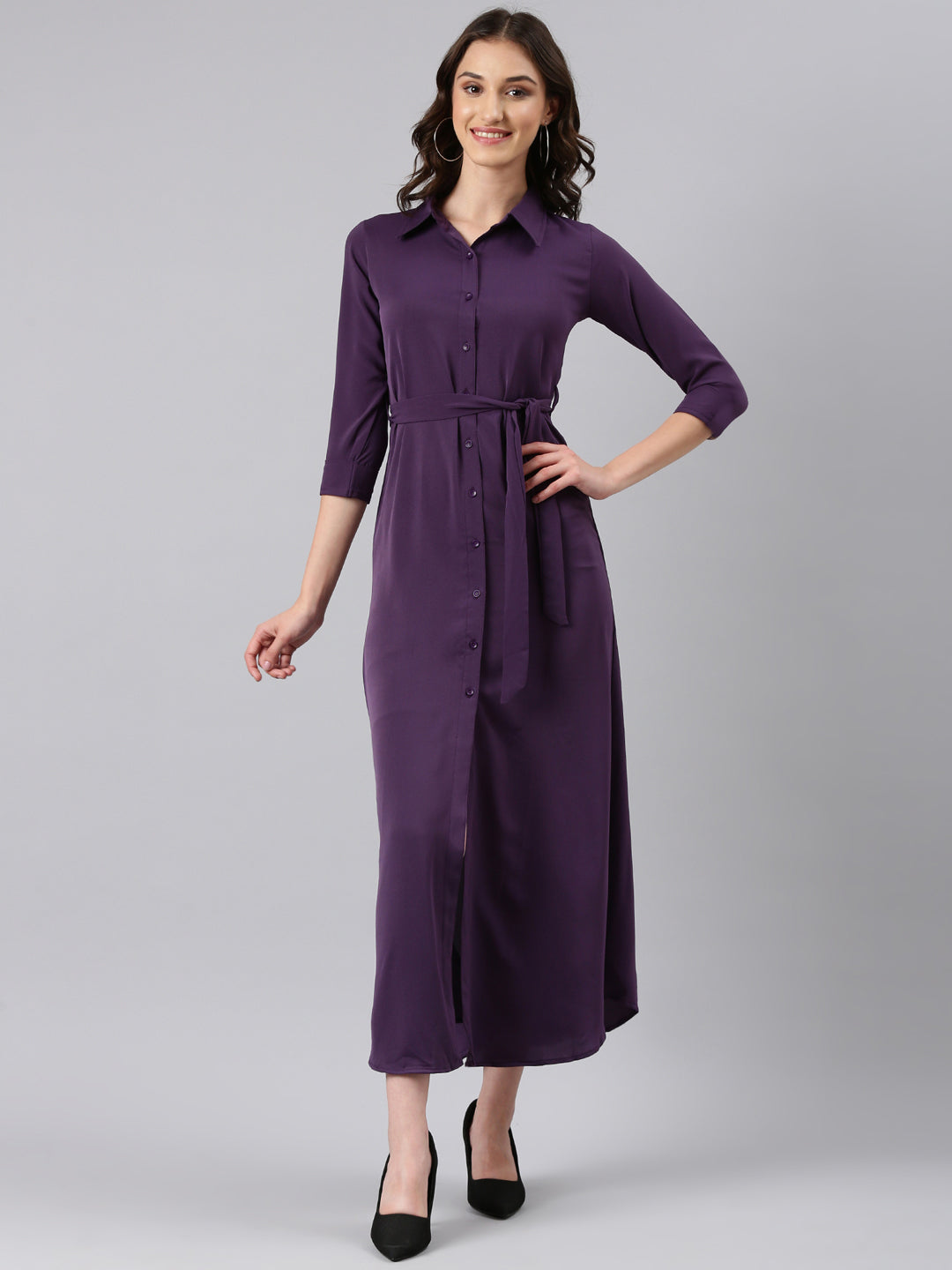 Women Violet Solid Shirt Dress