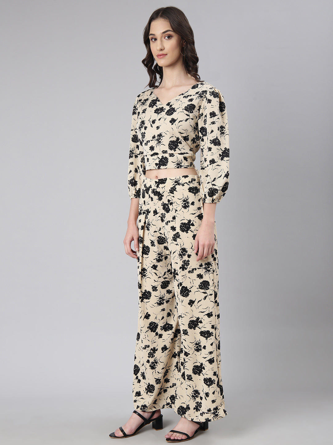 Women's Beige Floral Printed Co-Ords with Palazzos