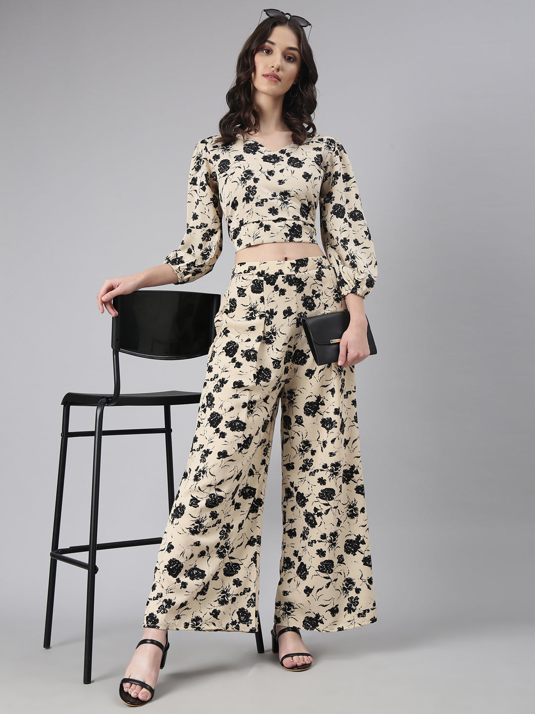 Women's Beige Floral Printed Co-Ords with Palazzos