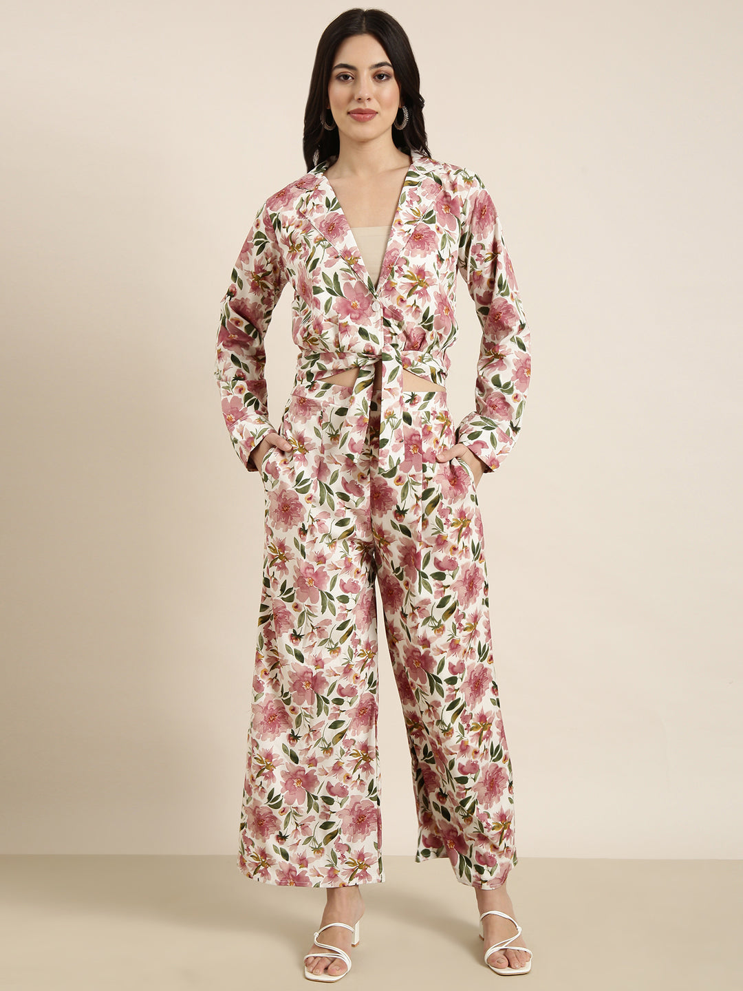 Women Oversized Peach Printed Top & Palazzos Set