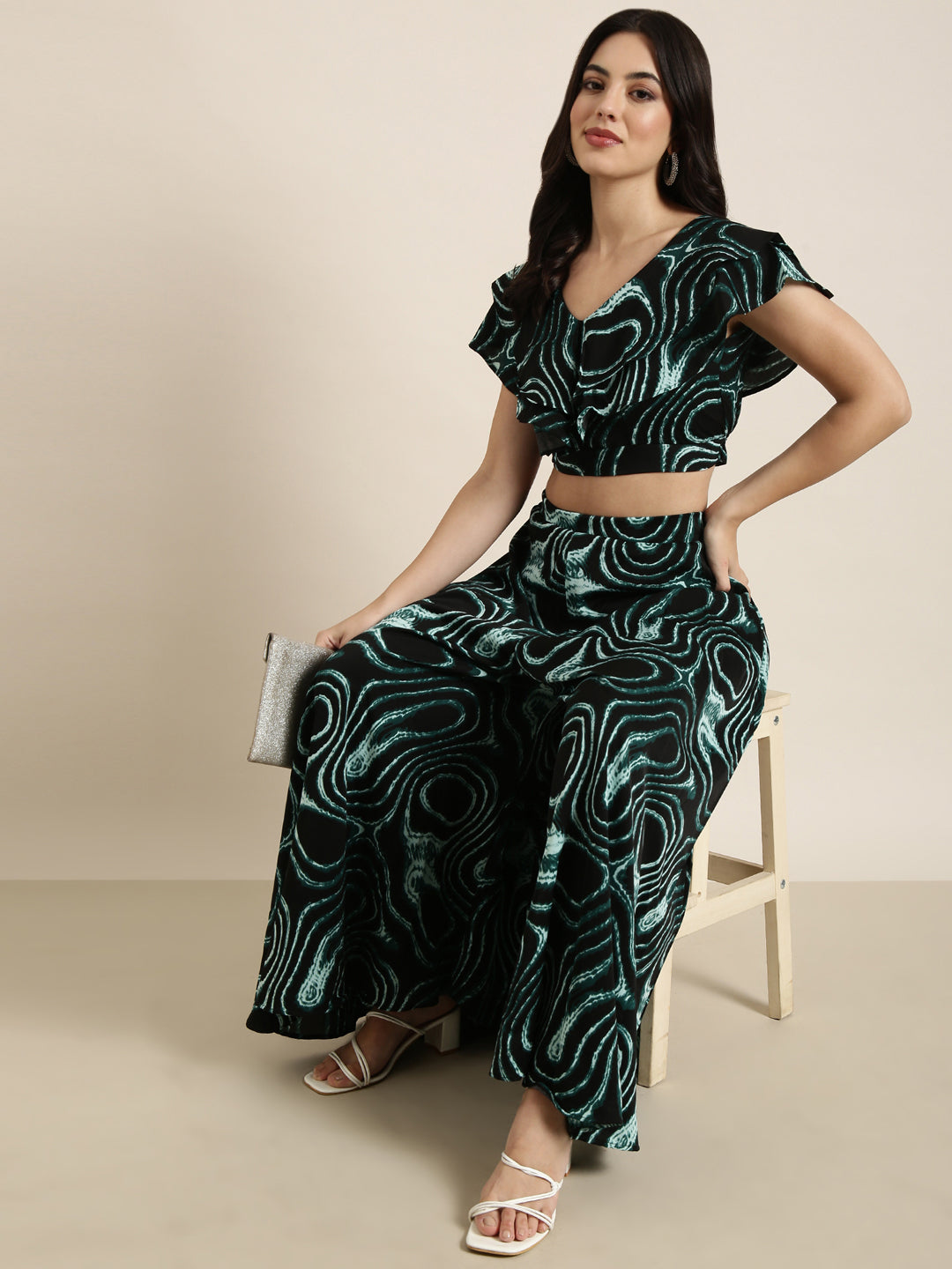 Women Black Printed Top & Palazzos Set