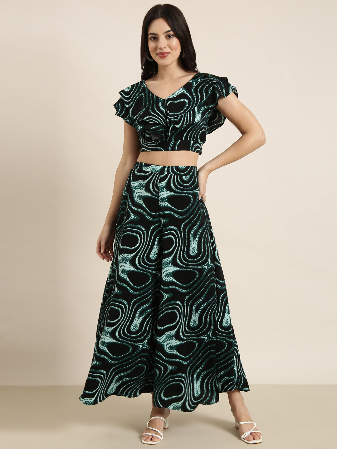 Women Black Printed Top & Palazzos Set