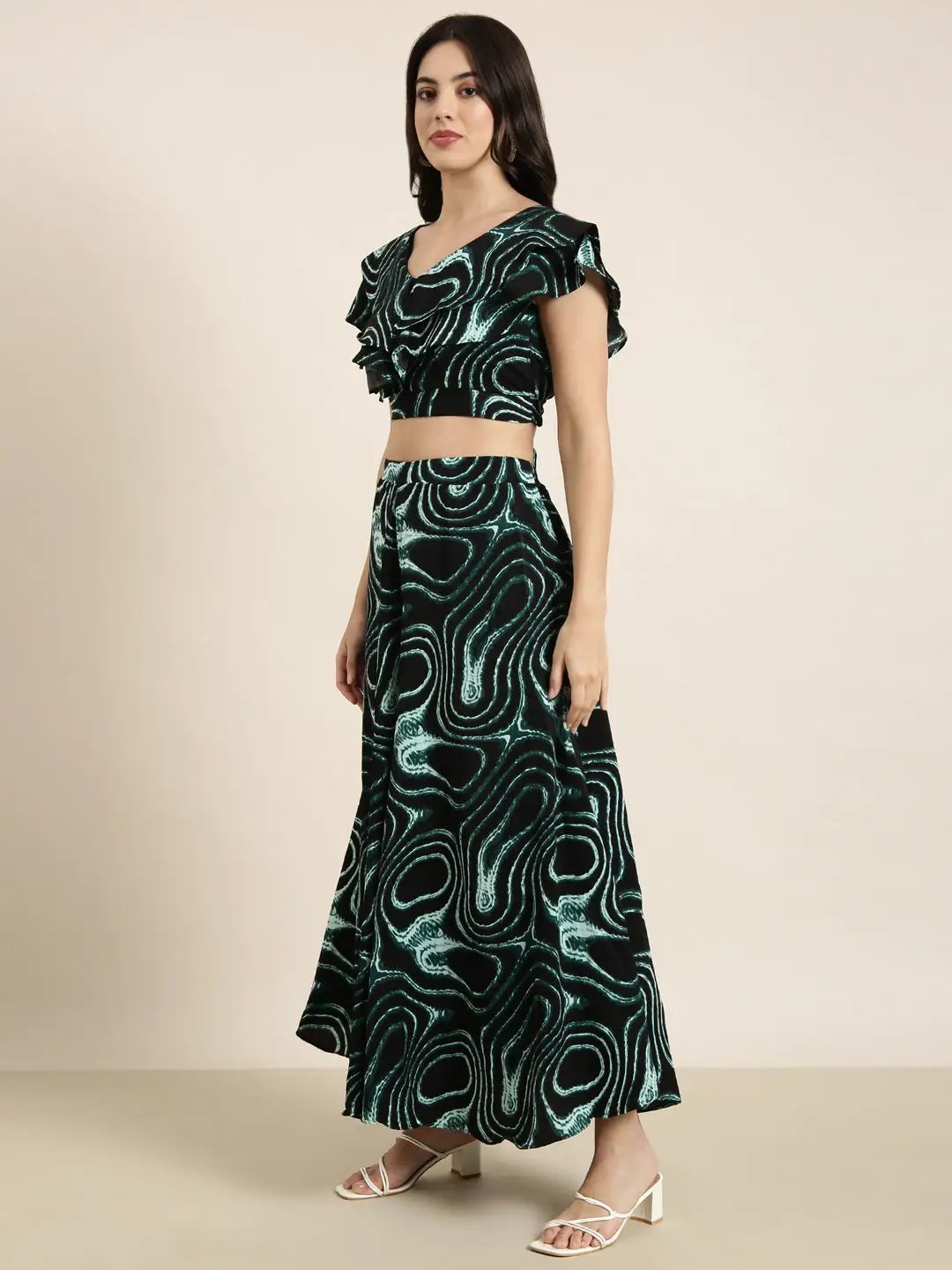 Women's Black Printed Crop Top With Palazzos Co-Ords
